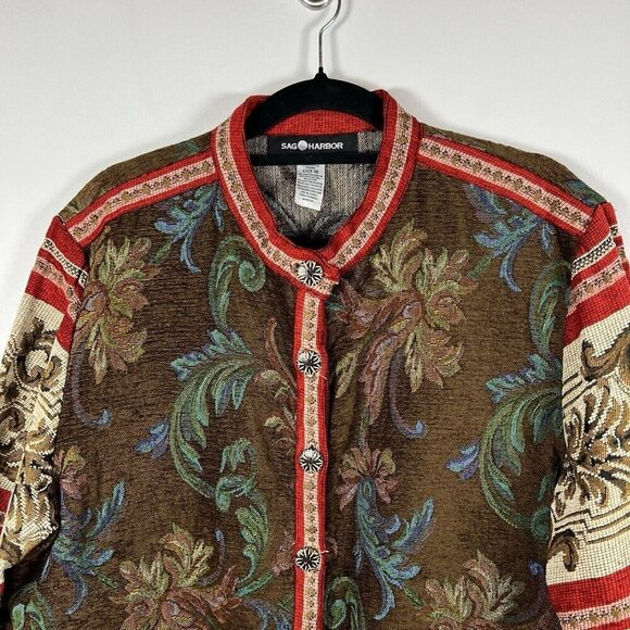Sag Harbor Size 16 No Collar Button Down Long Sleeves Tapestry‎ Print Jacket - Picture 3 of 10